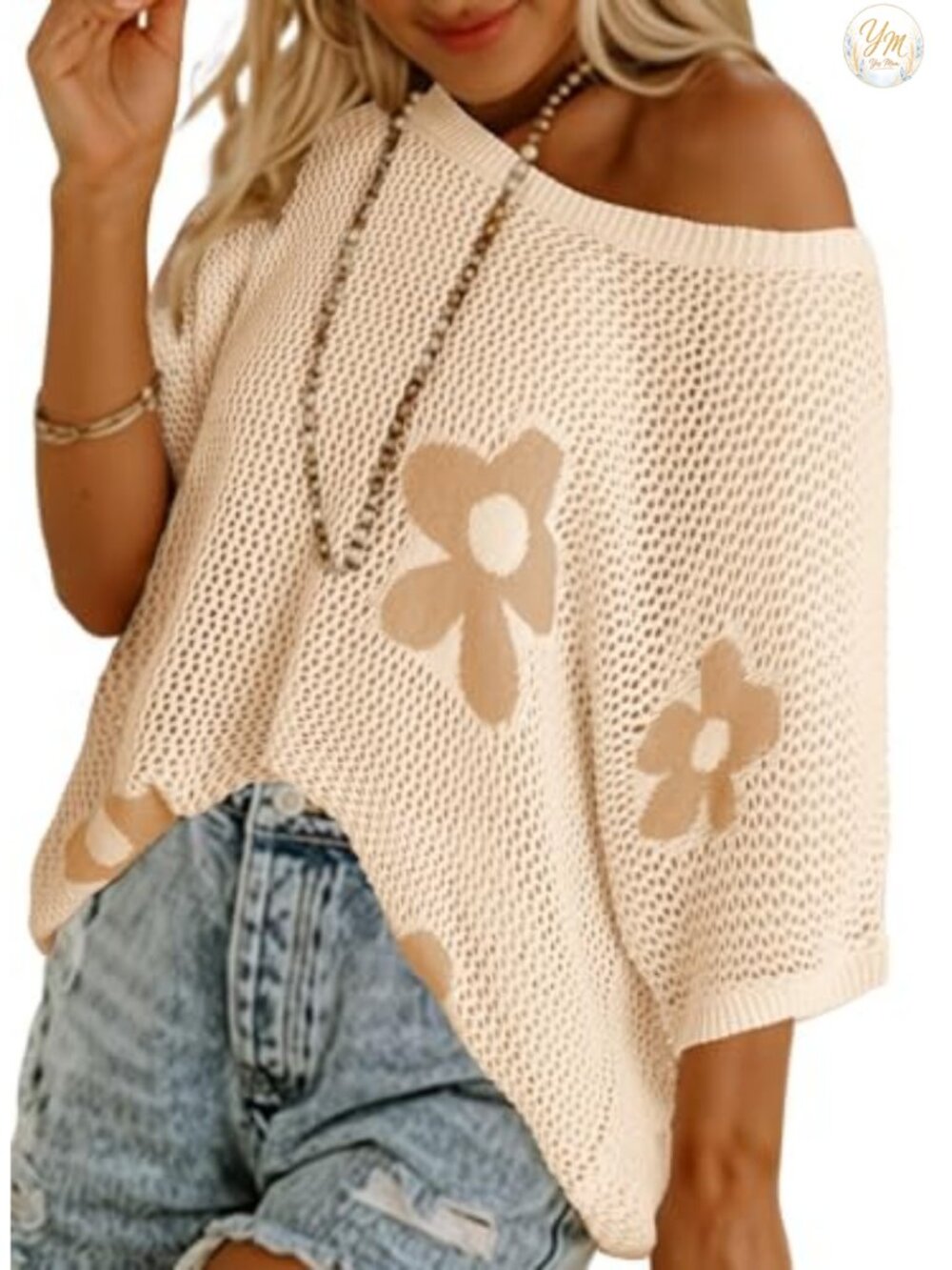 Womens Floral Crochet Short Sleeve Sweater Swimsuit Coverup Lightweight Knit